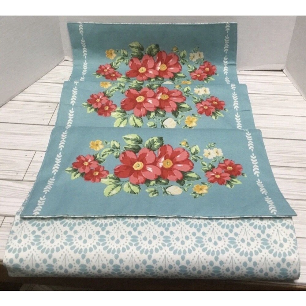 Pioneer Woman Floral Reversible Table Runner ‘Vintage Floral’ Turquoise Red Rose